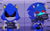 Size: 2048x1278 | Tagged: dead source, safe, artist:rozbuns, chaos sonic, metal sonic, sonic prime, abstract background, barbie mugshot meme, black sclera, duo, looking at viewer, meme, mugshot, robot, sparkles, wink