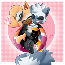 Size: 2000x2000 | Tagged: safe, artist:yoshiyoshi700, tangle the lemur, whisper the wolf, lemur, wolf, 2023, abstract background, blushing, duo, female, females only, heart, hugging, lesbian, lesbian pride, pride, shipping, smile, tangle x whisper