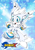 Size: 950x1350 | Tagged: safe, artist:sonictheedgehog, sonic the hedgehog, oc, oc:frosty the arctic fox, fox, 2019, abstract background, arctic fox, logo, looking at viewer, male, oc only, smile, snowflake, solo, sonic x, sonic x style