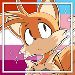 Size: 2048x2048 | Tagged: safe, miles "tails" prower, fox, bikini, edit, female, icon, lesbian, lesbian pride, mobius.social exclusive, pride, pride flag background, solo, sparkles, trans female, trans pride, transgender