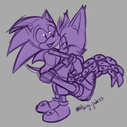 Size: 1024x1024 | Tagged: safe, artist:marty_jade23, miles "tails" prower, nine, sonic the hedgehog, fox, hedgehog, sonic prime, blushing, carrying them, gay, grey background, meme, nine x sonic, one fang, shipping, signature, simple background, sketch, smile, solo, sonic x tails, standing, tall lesbian