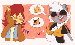 Size: 2048x1249 | Tagged: safe, artist:mercyofempty, nicole the hololynx, sally acorn, tangle the lemur, whisper the wolf, abstract background, bisexual, blushing, cute, duo, eyes closed, heart, lesbian, nicole x sally, sallabetes, shipping, smile, speech bubble, tangabetes, tangle x whisper