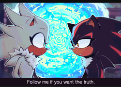 Size: 2048x1467 | Tagged: safe, artist:zan0tix, shadow the hedgehog, silver the hedgehog, hedgehog, sonic the hedgehog (2006), 2022, abstract background, dialogue, duo, english text, eyelashes, frown, gay, looking at each other, male, males only, redraw, shadow x silver, shipping, standing