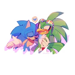 Size: 2000x2000 | Tagged: safe, artist:inumi2, jet the hawk, sonic the hedgehog, hedgehog, blushing, english text, flustered, gay, gloves, goggles, hawk, heart, jet x sonic, shipping, signature, white background