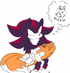 Size: 1975x2048 | Tagged: safe, artist:konicunai, miles "tails" prower, shadow the hedgehog, fox, hedgehog, 2022, duo, frown, gay, lying on them, male, males only, shadow x tails, shipping, simple background, sitting, sleeping, smile, thinking, thought bubble, white background