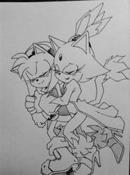 Size: 540x723 | Tagged: safe, artist:smsskullleader, amy rose, blaze the cat, cat, hedgehog, 2015, amy x blaze, amy's halterneck dress, aritst:smsskullleader, blaze's tailcoat, cute, eyes closed, female, females only, hugging from behind, lesbian, shipping, sketch, traditional media