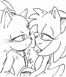 Size: 540x624 | Tagged: safe, artist:smsskullleader, amy rose, blaze the cat, cat, hedgehog, 2015, amy x blaze, amy's halterneck dress, blaze's tailcoat, cute, female, females only, hand on cheek, lesbian, shipping, sketch