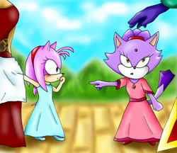 Size: 600x519 | Tagged: safe, artist:warui-hebi, amy rose, blaze the cat, cat, hedgehog, 2009, amy x blaze, blushing, cute, dress, female, females only, lesbian, pointing, shipping