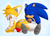 Size: 1280x926 | Tagged: safe, artist:devotedsidekick, artist:sp-rings, miles "tails" prower, sonic the hedgehog, fox, hedgehog, abstract background, blushing, brushing, brushing tail, commission, cute, duo, gay, hairbrush, heart, kneeling, male, males only, shipping, sitting, smile, sonic x tails