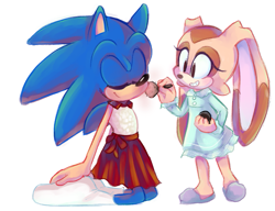 Size: 893x685 | Tagged: safe, artist:sp-rings, cream the rabbit, sonic the hedgehog, hedgehog, rabbit, blushing, child, dress, duo, eyes closed, female, holding something, kneeling, makeup, male, smile, standing