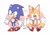 Size: 1401x995 | Tagged: safe, artist:完獄, miles "tails" prower, sonic the hedgehog, fox, hedgehog, abstract background, blushing, character name, chibi, cute, duo, heart, signature, sonabetes, standing, tailabetes