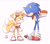 Size: 2340x2038 | Tagged: safe, artist:完獄, miles "tails" prower, sonic the hedgehog, fox, hedgehog, annoyed, bending over, blushing, chili dog, cute, duo, floppy ears, frown, head pat, holding something, huffing, looking at each other, male, males only, redraw, shadow (lighting), signature, simple background, smile, sonic boom (tv), standing, white background