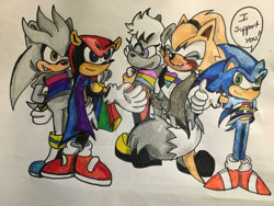 Size: 1280x960 | Tagged: safe, artist:mauvig, mighty the armadillo, silver the hedgehog, sonic the hedgehog, tangle the lemur, whisper the wolf, bisexual, bisexual pride, demisexual, demisexual pride, gay, gay pride, pansexual, pansexual pride, pride, shipping, silvmighty, sketch, speech bubble, straight ally, tangle x whisper, white background