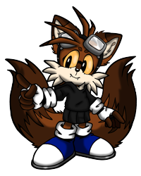 Size: 2321x2907 | Tagged: safe, artist:taeko, miles "tails" prower, oc, oc:miley "colitas" prower, fox, alternate universe, alternate version, autistic, beanbrows, blue shoes, eyelashes, fangs, female, fingerless gloves, fur markings, goggles, goggles on head, hoodie, lesbian, looking offscreen, mobius.social exclusive, pointing, redesign, simple background, skirt, smile, solo, trans female, transparent background, yellow sclera