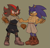 Size: 1589x1533 | Tagged: safe, artist:carnation-damnation, shadow the hedgehog, sonic the hedgehog, hedgehog, boots, dress, duo, ear piercing, gay, green background, holding something, ice cream, male, nonbinary, pointing, shadow x sonic, shipping, shirt, shorts, simple background, standing, t4t, trans male, transgender