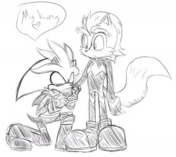 Size: 2016x1800 | Tagged: safe, artist:sonicmiku, elias acorn, silver the hedgehog, hedgehog, squirrel, english text, gay, kiss on hand, secret freedom fighters, shipping, silvias, sketch, speech bubble, white background