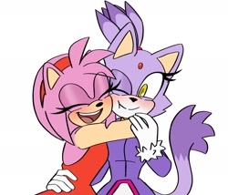 Size: 2080x1784 | Tagged: safe, artist:crisskyon, amy rose, blaze the cat, cat, hedgehog, 2023, amy x blaze, amy's halterneck dress, blaze's tailcoat, blushing, cute, eyes closed, female, females only, hugging, lesbian, shipping