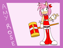 Size: 2556x1952 | Tagged: safe, artist:cloudsthehedgefox99, amy rose, hedgehog, 2020, abstract background, alternate universe, boots, character name, dress, female, fingerless gloves, holding something, looking offscreen, piko piko hammer, smile, solo, standing, v sign, waving