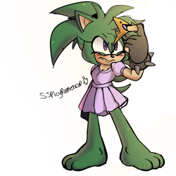 Size: 1500x1500 | Tagged: safe, artist:sspicyramencup, oc, hedgehog, barefoot, dress, fankid, female, fingerless gloves, frown, holding something, implied incest, magical gay spawn, oc only, one fang, parent:manic, parent:scourge, parents:manourge, parents:scouranic, paws, signature, simple background, solo, spiked bracelet, standing, tiara, white background