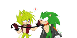 Size: 960x480 | Tagged: safe, artist:askthefourshedgehogs, scourge the hedgehog, hedgehog, blushing, collar, duo, gay, heart, incest, leash, looking at each other, male, males only, manic the hedgehog, manourge, scouranic, shipping, simple background, spiked bracelet, spiked collar, standing, white background