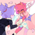 Size: 2000x2000 | Tagged: safe, artist:commandette, amy rose, blaze the cat, cat, hedgehog, abstract background, amy x blaze, amybetes, blushing, dress, duo, eyes closed, female, females only, heart, holding hands, lesbian, shipping, smile, suit, sweatdrop, wedding, wedding dress, wedding suit
