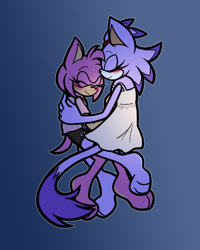 Size: 540x675 | Tagged: safe, artist:feeble-minded-little-gay, amy rose, blaze the cat, cat, hedgehog, 2023, amy x blaze, blushing, cuddling, cute, eyes closed, female, females only, lesbian, shipping, sleeping