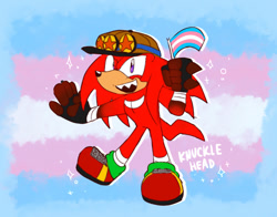 Size: 1068x838 | Tagged: safe, artist:knuckie-head, knuckles the echidna, echidna, fingerless gloves, flag, hat, holding something, knuckles' hat, looking at viewer, male, mouth open, pride flag, pride flag background, signature, smile, solo, sparkles, trans male, trans pride, transgender