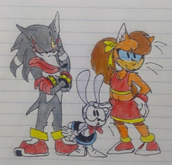 Size: 2048x1968 | Tagged: safe, artist:transgender-battlekukku, feels the rabbit, tiara boobowski, hedgehog, rabbit, arms folded, eyelashes, female, looking offscreen, male, prototype shadow, skirt, sonic x-treme, standing, terios the hedgehog, traditional media, trans female, trans male, transgender, trio