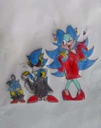 Size: 1611x2048 | Tagged: safe, artist:transgender-battlekukku, breezie the hedgehog, metal sonic, hedgehog, ..., black sclera, eyelashes, female, females only, heart, metal sonic omochao, robot, skirt, traditional media, trans female, transgender, trio