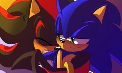 Size: 920x557 | Tagged: safe, artist:angelofhapiness, shadow the hedgehog, sonic the hedgehog, hedgehog, 2016, abstract background, clenched teeth, duo, eyes closed, gay, gloves off, hugging from behind, lidded eyes, looking back at them, male, males only, shadow x sonic, shipping, smile