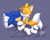 Size: 1200x961 | Tagged: safe, artist:resuku, miles "tails" prower, sonic the hedgehog, fox, hedgehog, 2015, abstract background, bed, blushing, duo, gay, indoors, lidded eyes, looking at each other, lying down, male, males only, pillow, shipping, shoes off, signature, sitting on them, sonic x tails