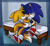 Size: 1104x1011 | Tagged: dead source, safe, artist:devotedsidekick, miles "tails" prower, sonic the hedgehog, fox, hedgehog, abstract background, blushing, commission, duo, floppy ears, gay, holding each other, indoors, kiss, male, males only, shipping, sitting, sonic x tails