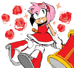 Size: 1458x1344 | Tagged: safe, artist:zan0tix, amy rose, hedgehog, eyelashes, female, holding something, mouth open, piko piko hammer, rose, simple background, smile, solo, sparkles, white background