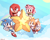 Size: 1899x1536 | Tagged: safe, artist:peachmangopie323, amy rose, knuckles the echidna, miles "tails" prower, sonic the hedgehog, echidna, fox, hedgehog, sonic superstars, abstract background, classic amy, classic knuckles, classic sonic, classic sonic (universe), classic tails, clouds, female, flying, group, holding something, looking at viewer, male, rainbow, signature, spinning tails, star (symbol)