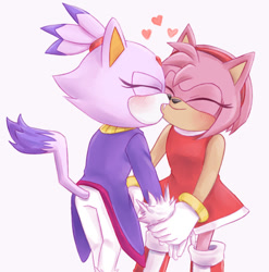 Size: 540x546 | Tagged: safe, artist:lesbiannya, amy rose, blaze the cat, cat, hedgehog, 2018, amy x blaze, amy's halterneck dress, blaze's tailcoat, cute, eyes closed, female, females only, hearts, holding hands, lesbian, shipping