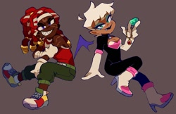 Size: 1233x798 | Tagged: safe, artist:fever_el_cacas, knuckles the echidna, rouge the bat, human, brown background, duo, gem, humanized, jewelry, simple background