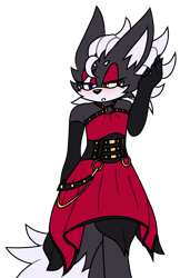 Size: 1030x1585 | Tagged: safe, artist:pdaisyff1, infinite the jackal, jackal, alternate version, blushing, dress, eyelashes, eyeshadow, femboy, lidded eyes, long gloves, male, mouth open, simple background, solo, standing, transparent background