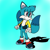 Size: 2048x2048 | Tagged: safe, artist:cdmgamingyt, oc, oc:isaac the fox, fox, hybrid, 2022, alternate universe, blue background, blue fur, fankid, fennec, jacket, looking offscreen, magical gay spawn, male, oc only, parent:kit, parent:tails, parents:kittails, purple eyes, shadow (lighting), signature, simple background, smile, solo, standing, two tails