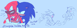 Size: 1375x517 | Tagged: safe, artist:12neonlit-stage, knuckles the echidna, sonic the hedgehog, blushing, bust, duo, english text, gay, hugging from behind, knuxonic, male, males only, shipping, sketch, surprise hug, surprised