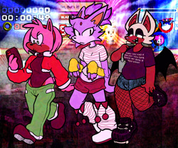 Size: 2048x1707 | Tagged: safe, artist:jane-trademark, amy rose, blaze the cat, rouge the bat, sonic heroes, abstract background, clothes, female, females only, fingerless gloves, fishnets, jacket, pants, phone, shirt, shopping, shorts, trans female, transgender, trio, walking