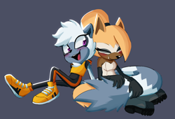 Size: 1880x1280 | Tagged: safe, artist:gh0stfl0wer, tangle the lemur, whisper the wolf, blushing, duo, female, females only, lesbian, purple background, shipping, simple background, sitting, smile, tangle x whisper