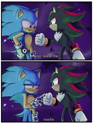 Size: 1536x2048 | Tagged: safe, artist:mochiuwu74, shadow the hedgehog, sonic the hedgehog, hedgehog, sonic prime, abstract background, blushing, clenched fist, dialogue, duo, english text, frown, gay, lidded eyes, looking at each other, male, males only, panels, scene interpretation, shadow x sonic, shipping, smile, standing, wagging tail