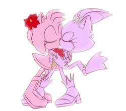 Size: 540x479 | Tagged: safe, artist:wispon, amy rose, blaze the cat, cat, hedgehog, 2019, amy x blaze, amy's halterneck dress, blaze's tailcoat, cute, eyes closed, female, females only, flowers, kiss, lesbian, shipping