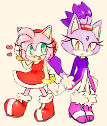 Size: 550x651 | Tagged: safe, artist:trainer-dawn, amy rose, blaze the cat, cat, hedgehog, 2016, amy x blaze, amy's halterneck dress, blaze's tailcoat, cute, female, females only, hearts, lesbian, looking at them, shipping