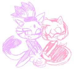 Size: 734x669 | Tagged: safe, artist:trainer-dawn, amy rose, blaze the cat, cat, hedgehog, 2016, amy x blaze, amy's halterneck dress, blaze's tailcoat, cute, eyes closed, female, females only, holding hands, lesbian, shipping, sketch