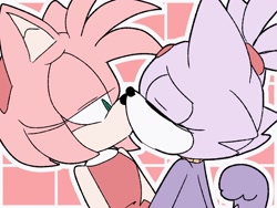 Size: 1280x960 | Tagged: safe, artist:artyyline, amy rose, blaze the cat, cat, hedgehog, 2018, amy x blaze, amy's halterneck dress, blaze's tailcoat, cute, eyes closed, female, females only, kiss, lesbian, romantic, shipping