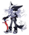 Size: 855x1049 | Tagged: safe, artist:darkcrowl, infinite the jackal, jackal, sonic forces, 2017, belt, clothes, female, frown, gender swap, gloves, hand on hip, heels, heterochromia, holding something, looking at viewer, pants, shirt, simple background, solo, sword, white background