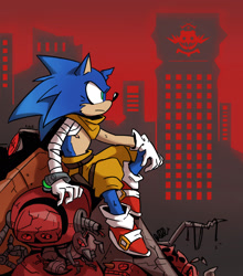 Size: 2048x2327 | Tagged: safe, artist:sonic-heart-of-mobius, egg pawn, sonic the hedgehog, hedgehog, abstract background, au:heart of mobius, bandage, bandana, frown, looking offscreen, male, pants, robot, robotnik's logo, sitting, solo, top surgery scars, trans male, transgender