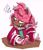 Size: 2048x2385 | Tagged: safe, artist:sonic-heart-of-mobius, amy rose, hedgehog, alternate universe, annoyed, au:heart of mobius, dark skin, female, fingerless gloves, frown, head rest, head tilt, lidded eyes, looking away, looking offscreen, signature, simple background, sitting, solo, table, tapping finger, white background