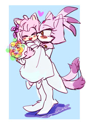 Size: 1417x2000 | Tagged: safe, artist:pamd3, amy rose, blaze the cat, cat, hedgehog, 2021, amy x blaze, blushing, carrying them, cute, dress, female, females only, heart, kiss on cheek, lesbian, shipping, wedding dress